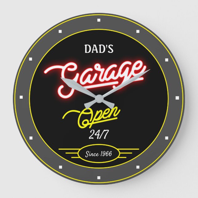 Garage Any Name Retro Since Open Grey Black  Large Clock (Front)