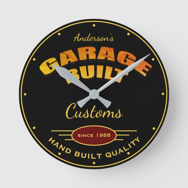 Garage Built Customs Black Any Name Date Round Clock (Front)