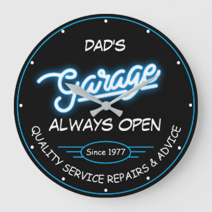 Garage Dad's or Any Name and Date White Blue Cool Large Clock