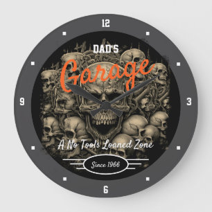 Garage Dad's or Any Name Skulls Grey Black Large Clock