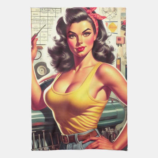 Garage Mechanic Pin-up Tea Towel (Vertical)