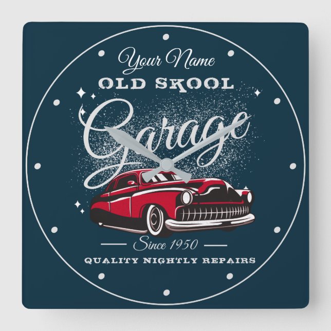 Garage Old School Any Name Low Rider Merc Car Blue Square Wall Clock (Front)