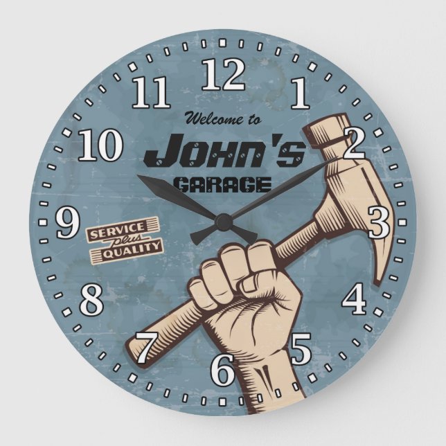 Garage Tools Man Cave Personalizable Retro-Style Large Clock (Front)