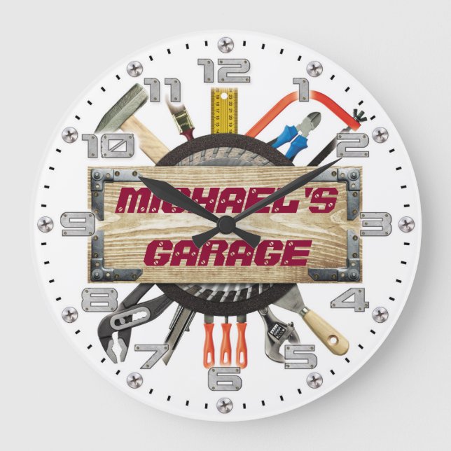 Garage Tools Man Cave Personalizable Retro-Style Large Clock (Front)