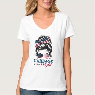 Garbage Girl Messy Bun American Flag Trump 2024 T-Shirt