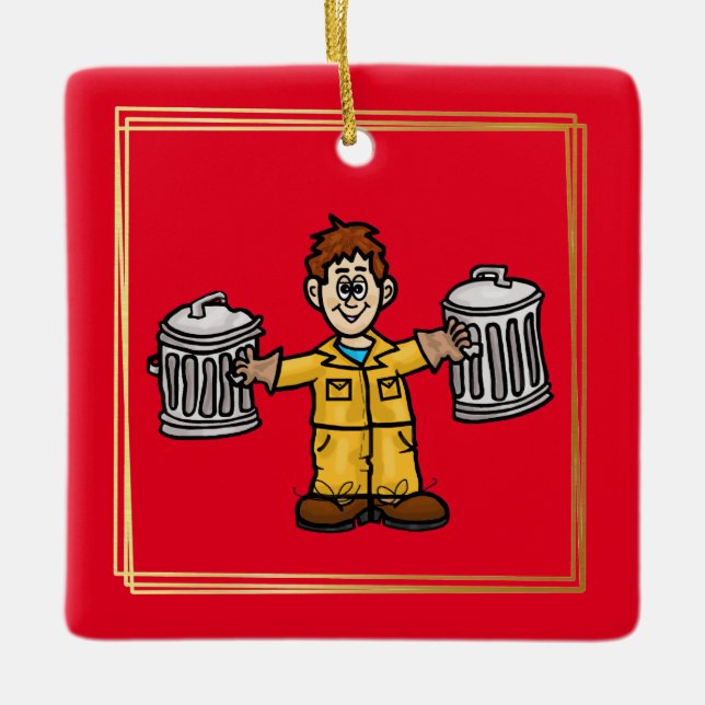 Garbage Man Holding Two Cans Christmas Ornament (Front)