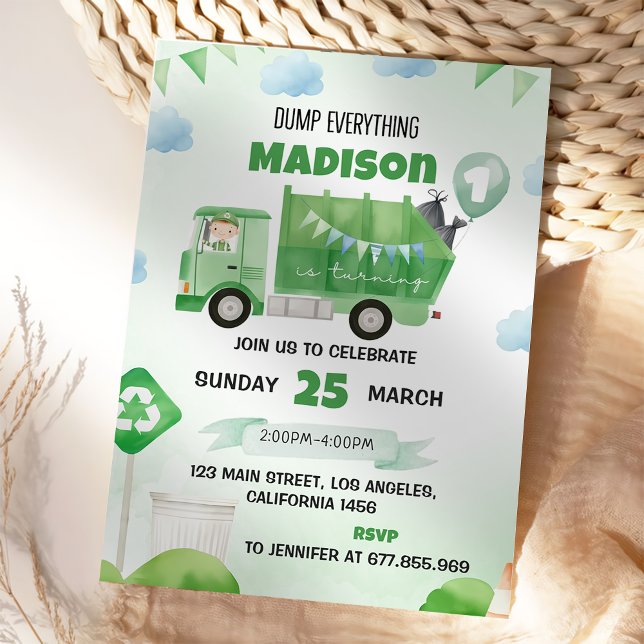 Garbage Trash Truck 1st Birthday Party  Invitation (Creator Uploaded)