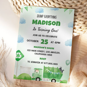 Garbage Trash Truck 1st Birthday Party  Invitation