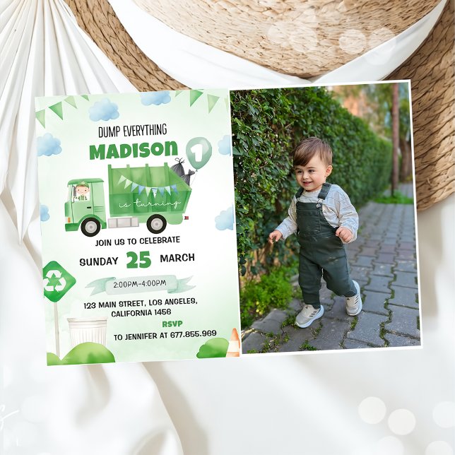 Garbage Trash Truck 1st Birthday Party Photo  Invitation (Creator Uploaded)
