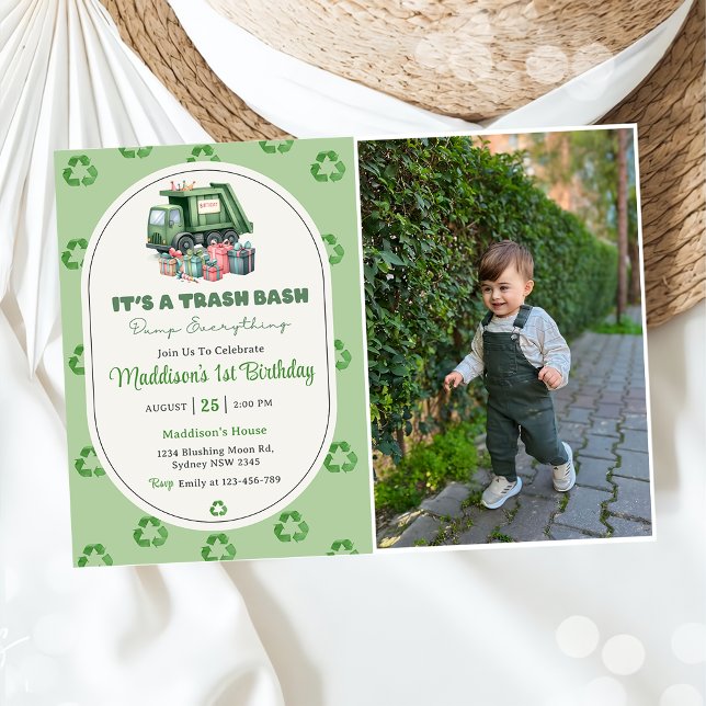 Garbage Trash Truck 1st Birthday Party Photo  Invitation (Creator Uploaded)