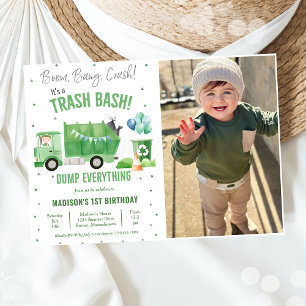 Garbage Trash Truck 1st Birthday Party Photo  Invitation