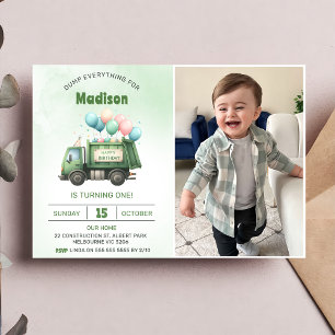 Garbage Trash Truck 1st Birthday Party Photo  Invitation