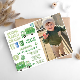 Garbage Trash Truck 1st Birthday Party Photo  Invitation