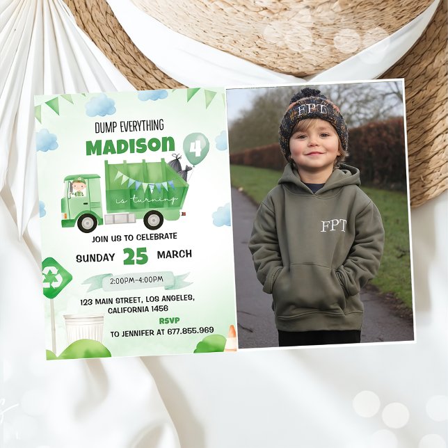 Garbage Trash Truck 4th Birthday Party Photo Invitation (Creator Uploaded)