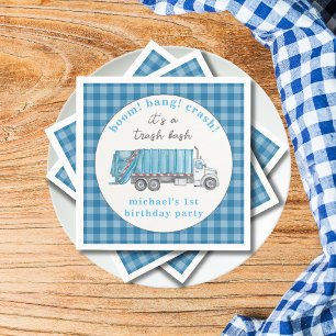 Garbage Trash Truck Blue Gingham 1st Birthday  Napkin