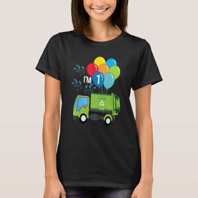 Garbage Truck 1st Birthday Vehicle Green Balloons  T-Shirt (Front)