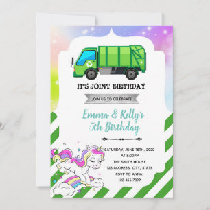 Garbage truck and unicorn joint party invitation