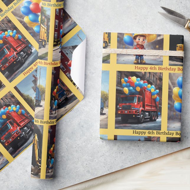 Garbage Truck Backhoe Boy's Name Birthday Balloons Wrapping Paper (Creator Uploaded)