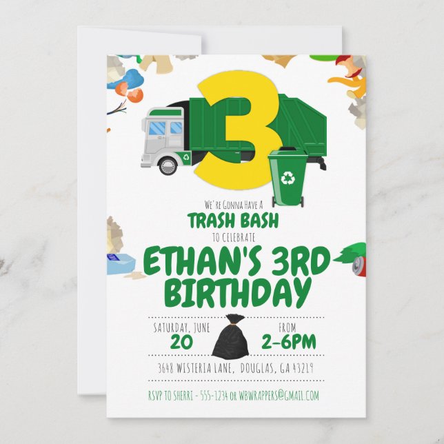 Garbage Truck Birthday, Garbage Truck 3rd Birthday Invitation (Front)
