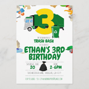 Garbage Truck Birthday, Garbage Truck 3rd Birthday Invitation