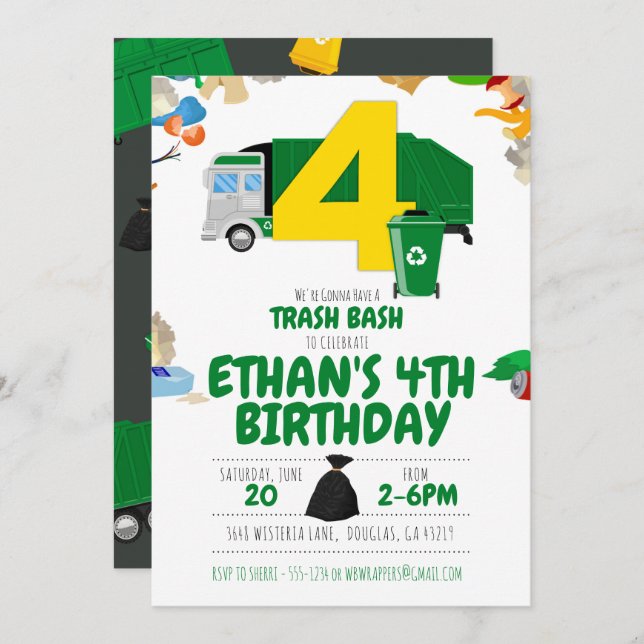Garbage Truck Birthday, Garbage Truck 4th Birthday Invitation (Front/Back)