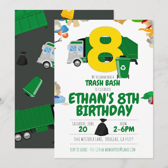 Garbage Truck Birthday, Garbage Truck 8th Birthday Invitation (Front/Back)