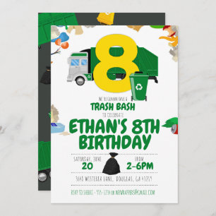 Garbage Truck Birthday, Garbage Truck 8th Birthday Invitation