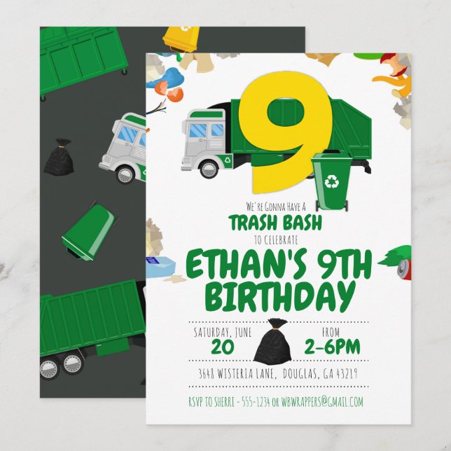 Garbage Truck Birthday, Garbage Truck 9th Birthday Invitation (Front/Back)