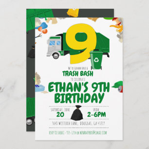 Garbage Truck Birthday, Garbage Truck 9th Birthday Invitation