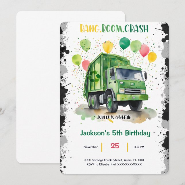Garbage Truck Birthday Party Invitation (Front/Back)