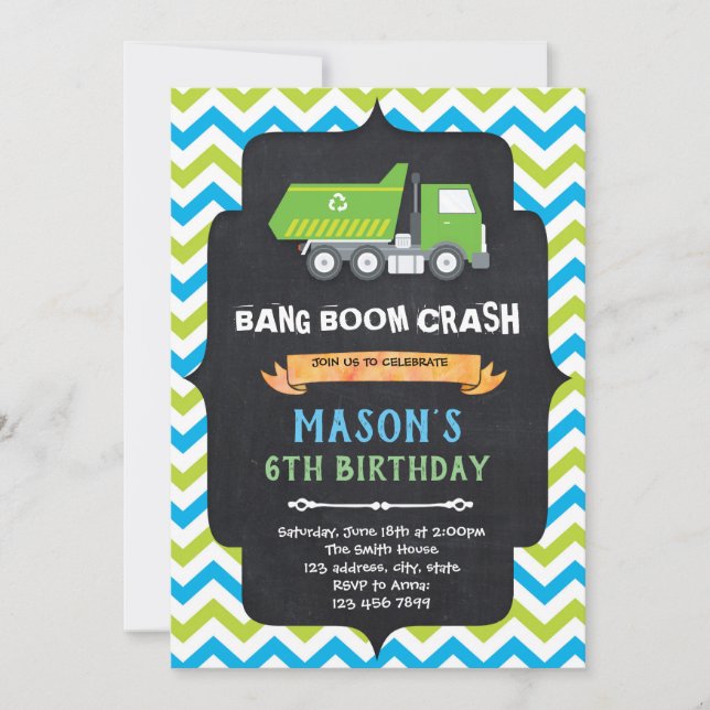 Garbage truck birthday party invitation (Front)
