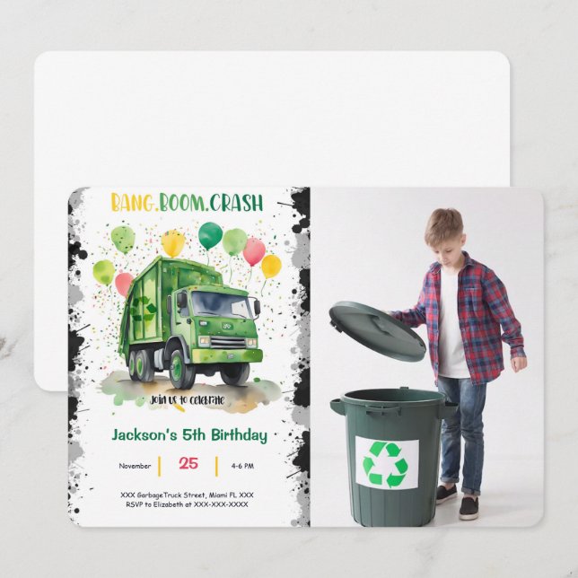 Garbage Truck Birthday Party Photo Invitation (Front/Back)