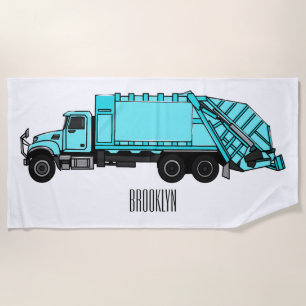 Garbage truck cartoon illustration beach towel