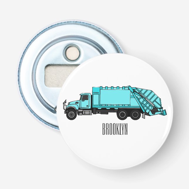 Garbage truck cartoon illustration bottle opener (Front)