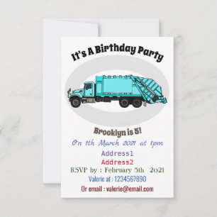 Garbage truck cartoon illustration invitation