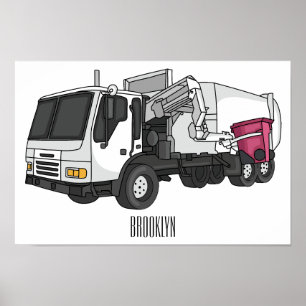Garbage truck cartoon illustration poster