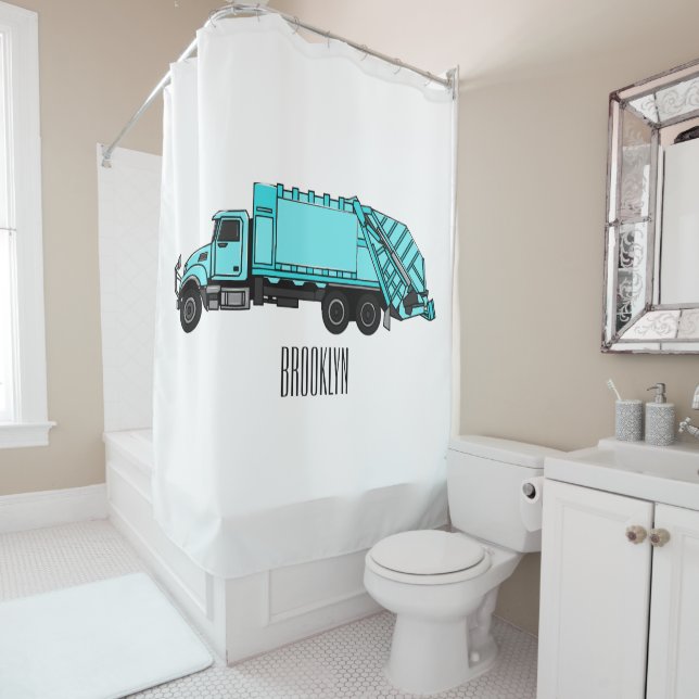 Garbage truck cartoon illustration shower curtain (In Situ)