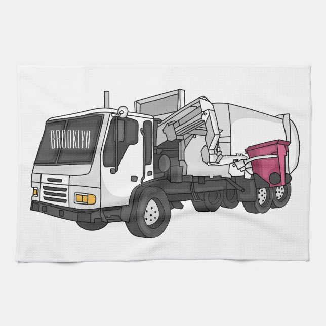 Garbage truck cartoon illustration tea towel (Horizontal)