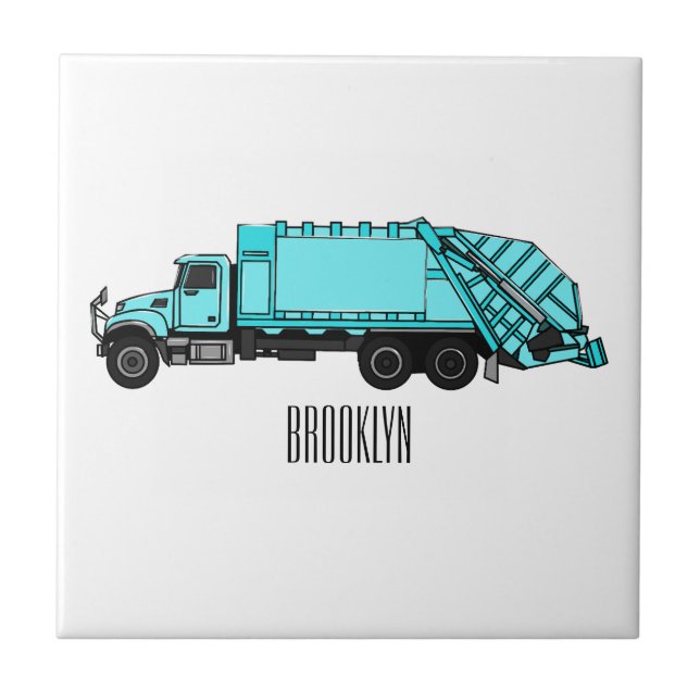 Garbage truck cartoon illustration tile (Front)