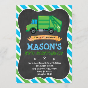 Garbage truck party birthday invitation