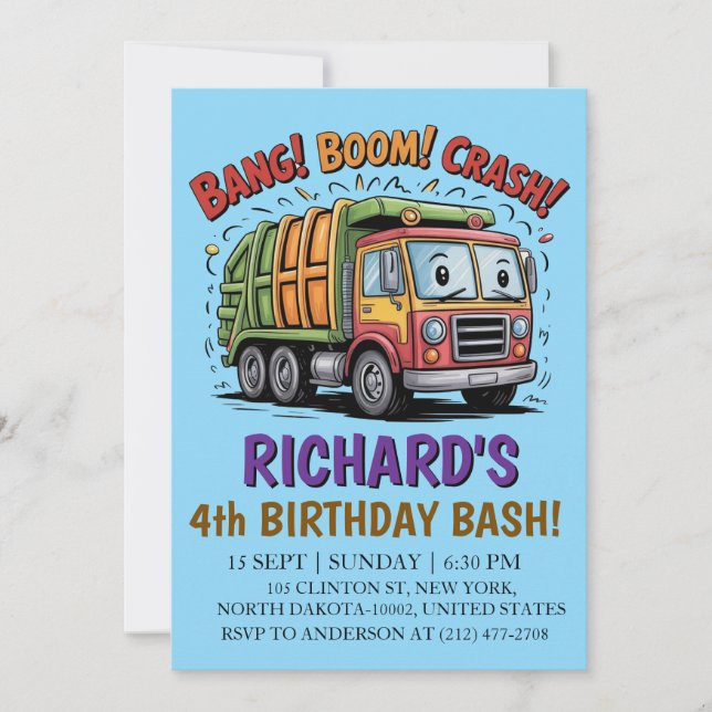 Garbage Truck Themed Kids Trash Party Birthday Invitation (Front)
