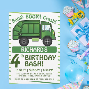 Garbage Truck Themed Kids Trash Party Birthday Invitation