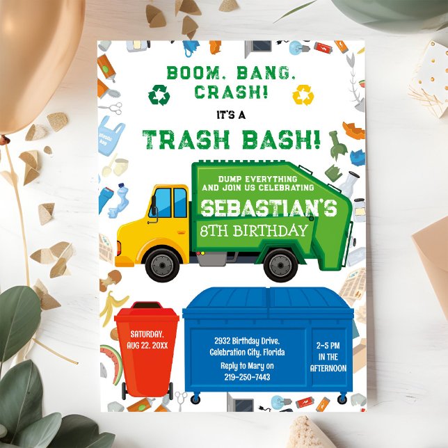 Garbage Truck Trash Bash Boy Birthday Invitation (Creator Uploaded)