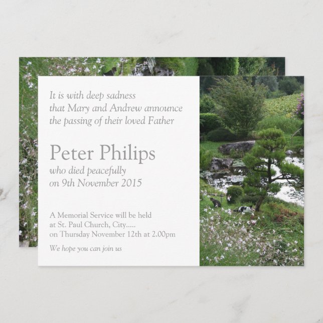 Garden 3 with Cats Memorial Funeral Announcement (Front/Back)