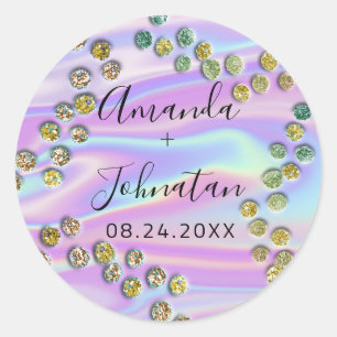 Garden Abstract Dots Name Date Black Holographic Classic Round Sticker