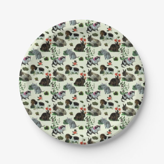Garden Animals Rabbit Cat Dog Flowers Paper Plate (Front)