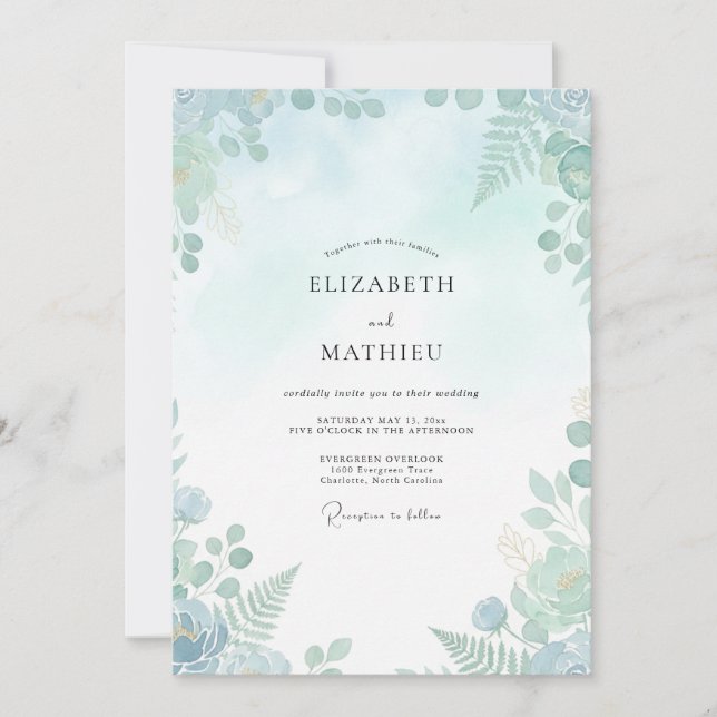 Garden Aqua Mint Leafy Wedding Invitation (Front)