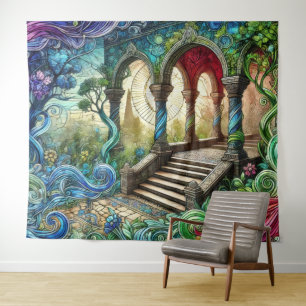 Garden Archway Stairs Vibrant Fantasy Landscape Tapestry