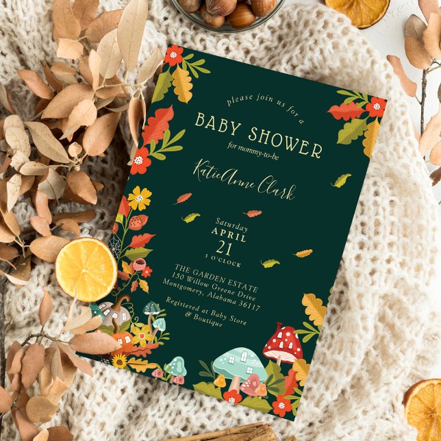 Garden Autumn Leafs Mushroom & Pumpkin Baby Shower Invitation (Creator Uploaded)