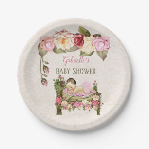 Garden Baby Shower Bed Roses Girl Pink Ivory Paper Plate